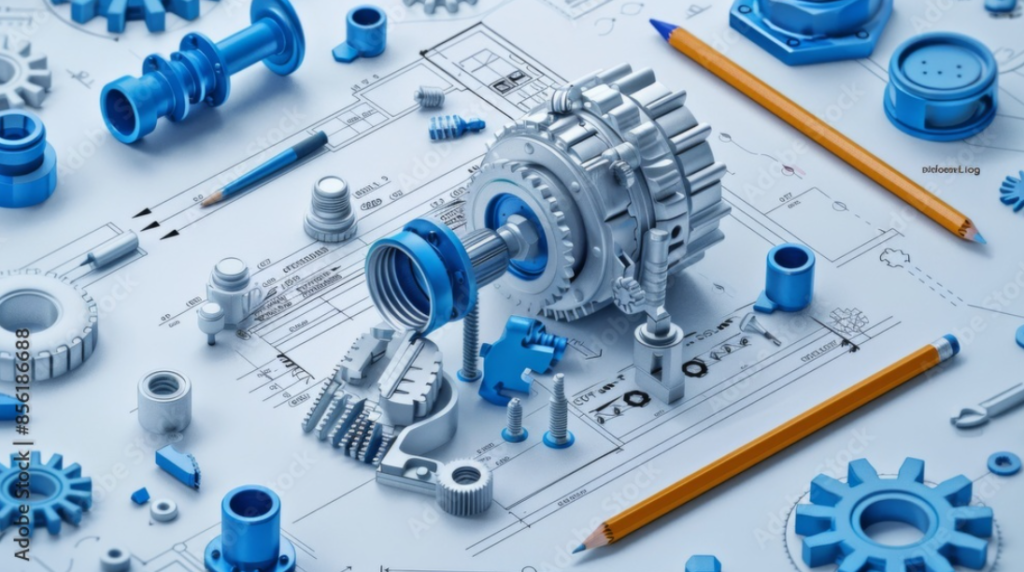 Mechanical components on engineering blueprint