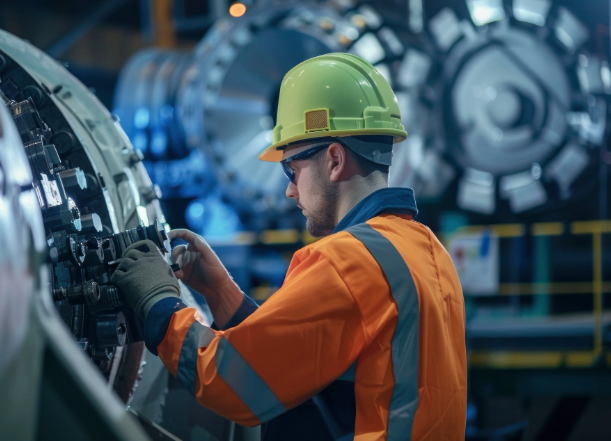 Engineer in safety gear inspecting machinery