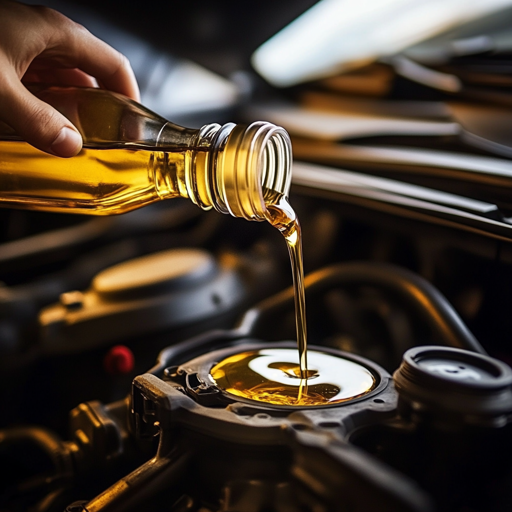 Pouring engine oil into car.