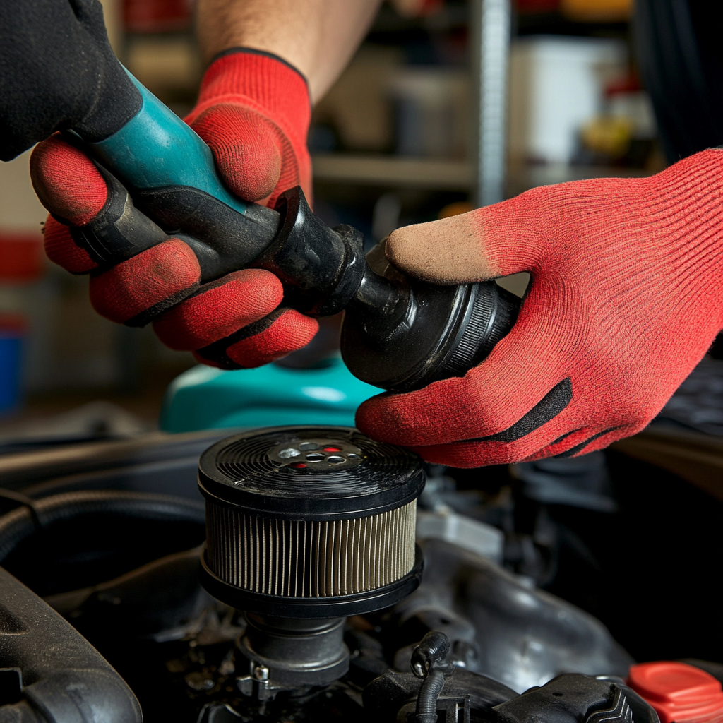 Mechanic replacing car air filter.