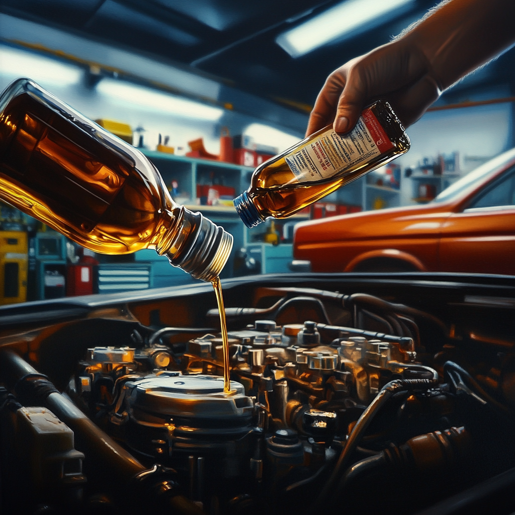 Pouring engine oil into car