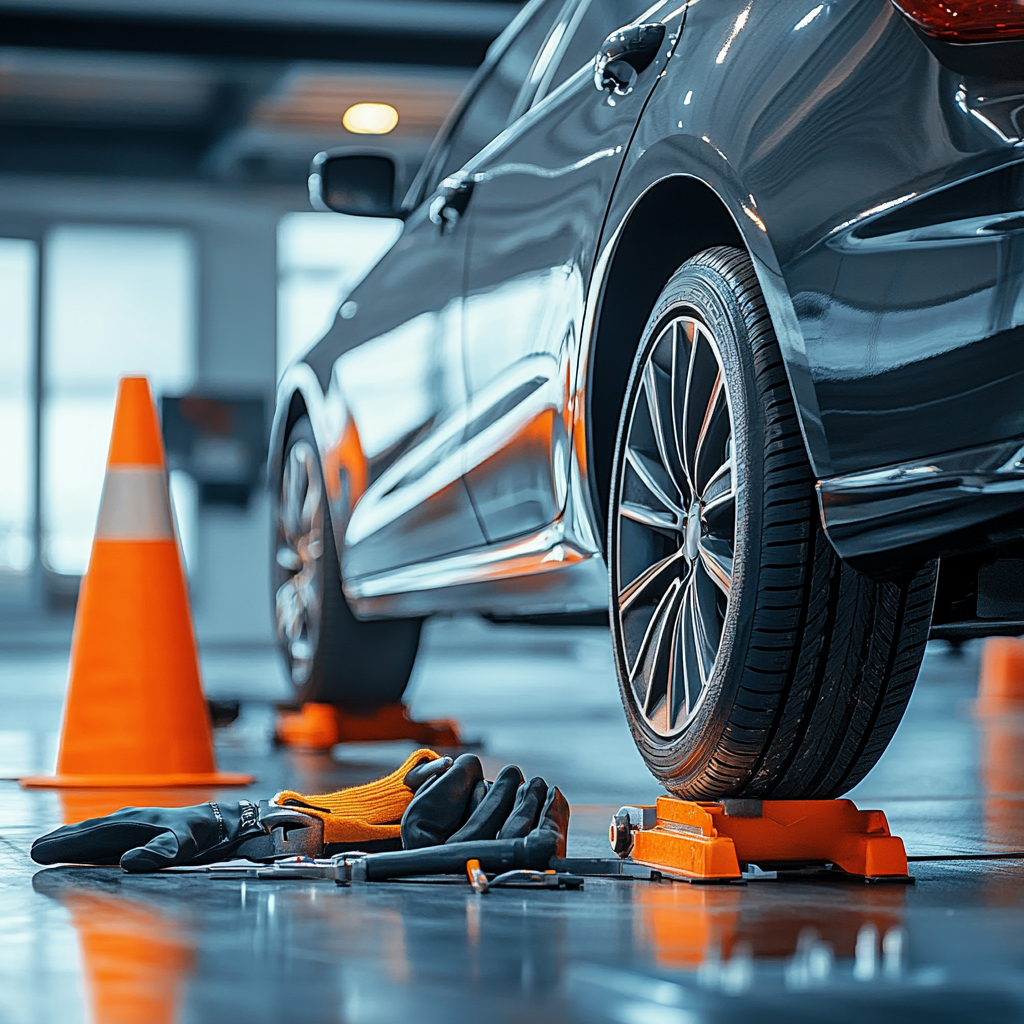 Car tire repair with tools.