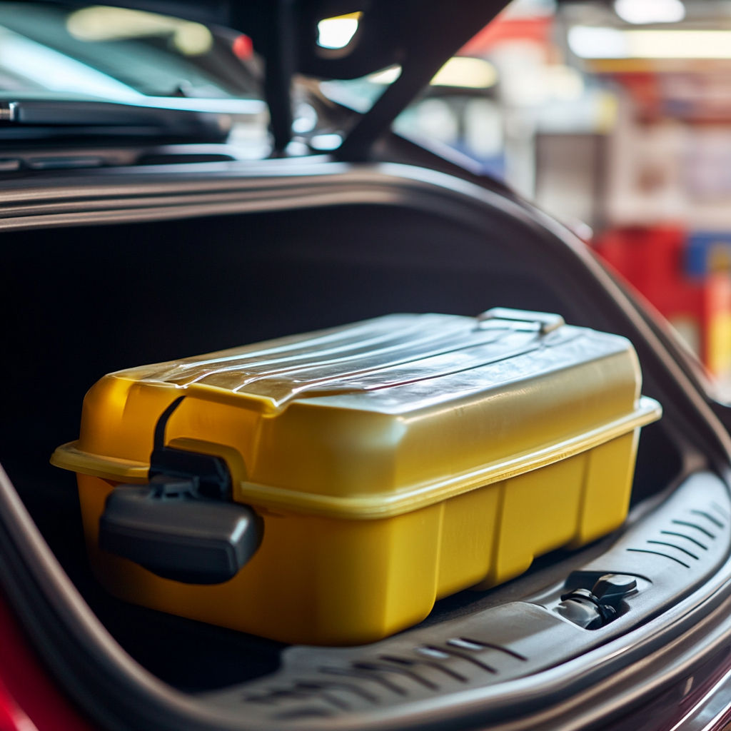 Yellow toolbox inside car trunk.