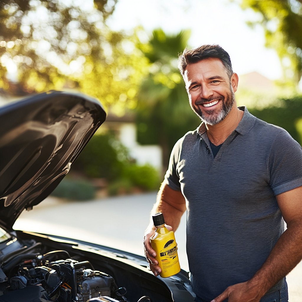 Smiling man holding engine oil.