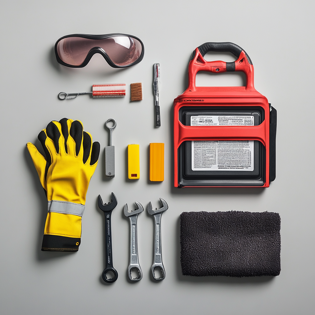 Safety gear and maintenance tools.