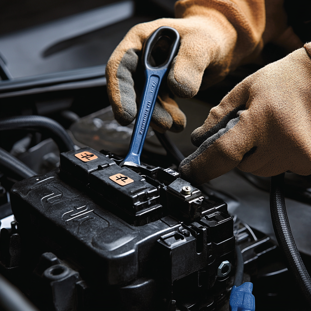 Mechanic tightening car battery connections"