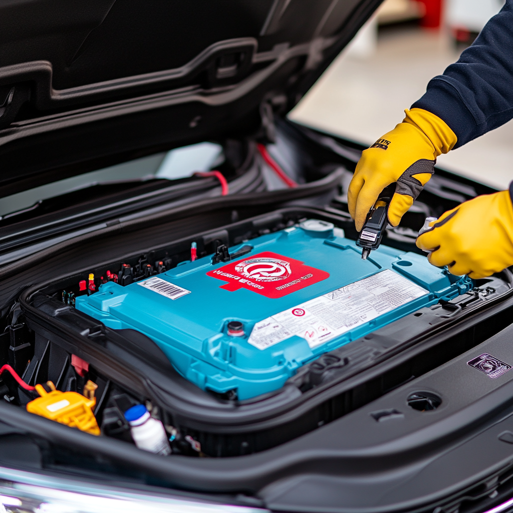 Technician inspecting electric car battery"