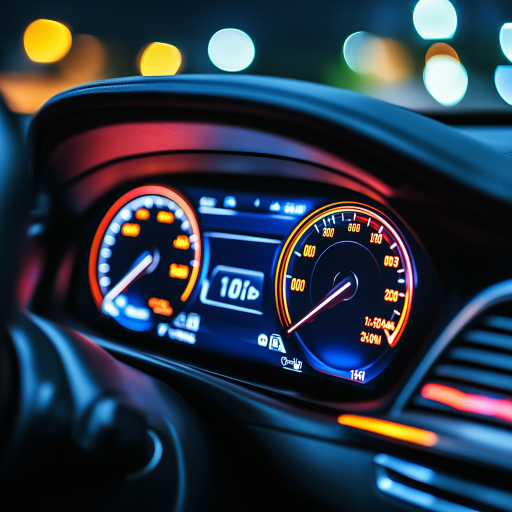 Illuminated car dashboard at night