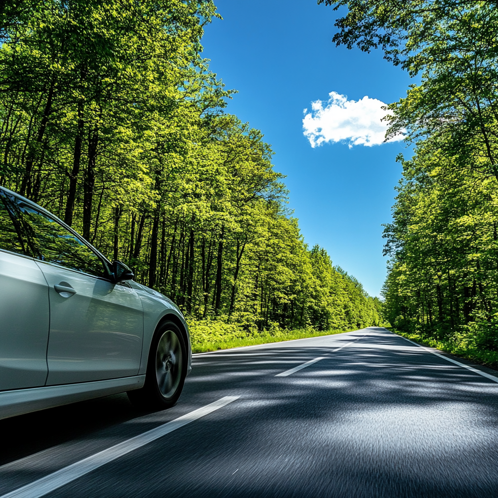 Car driving on sunny forested road