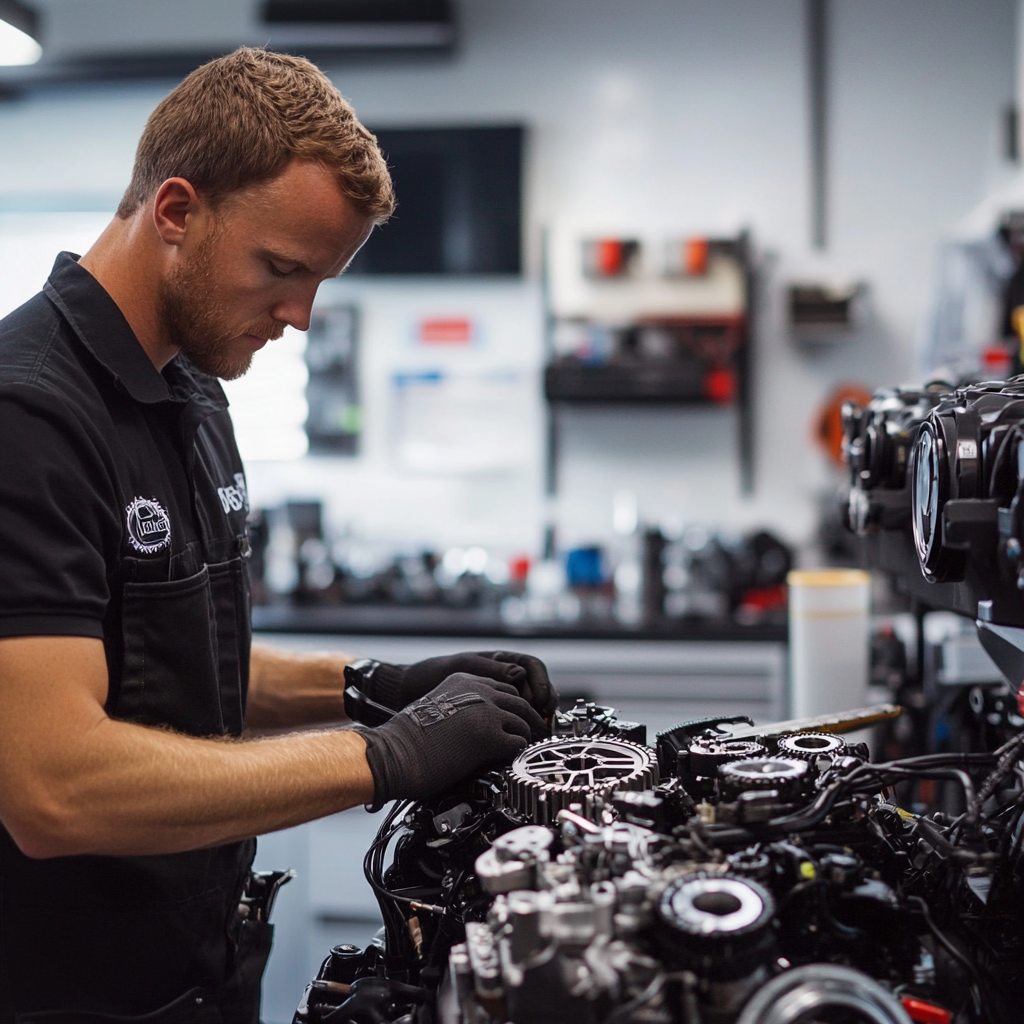 Mechanic repairing engine in workshop