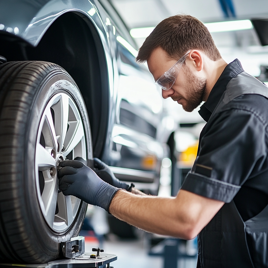 Mechanic inspecting car wheel alignment