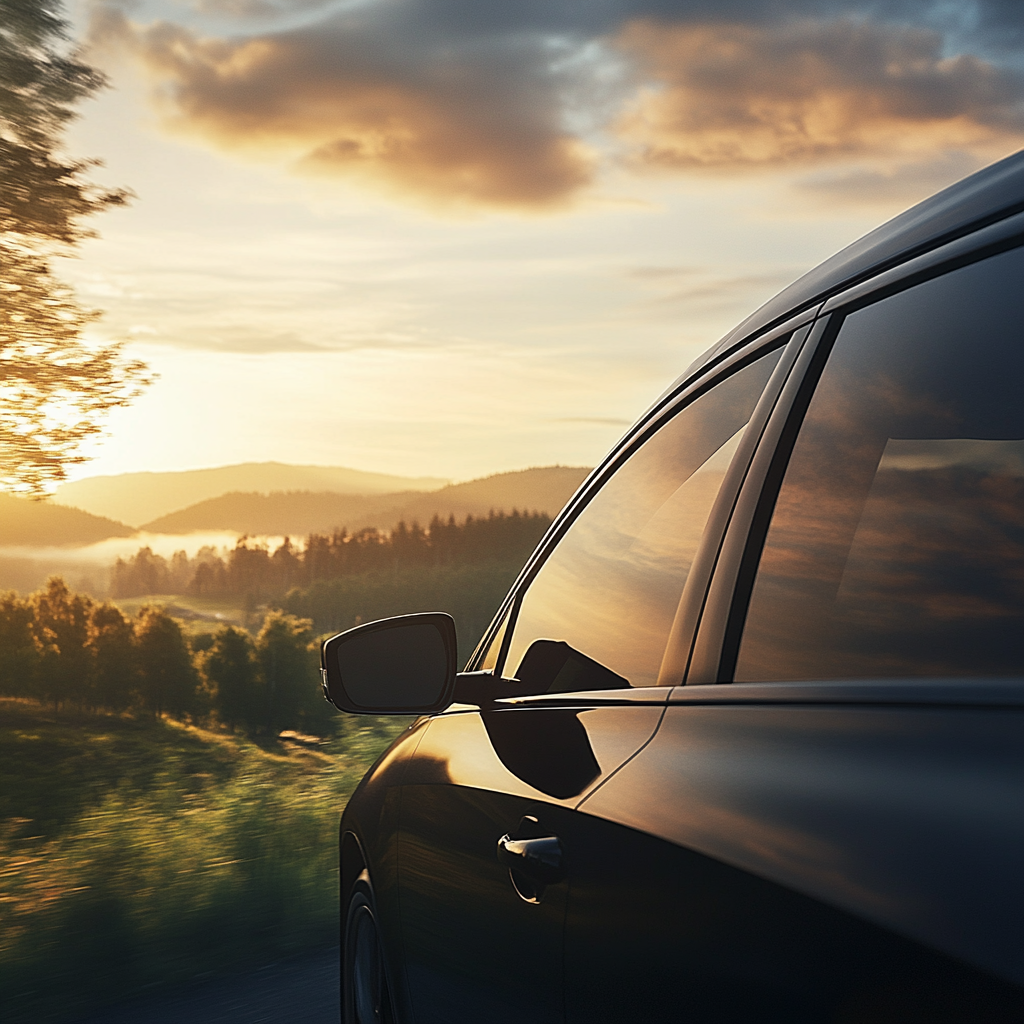 Car reflecting sunset scenic view