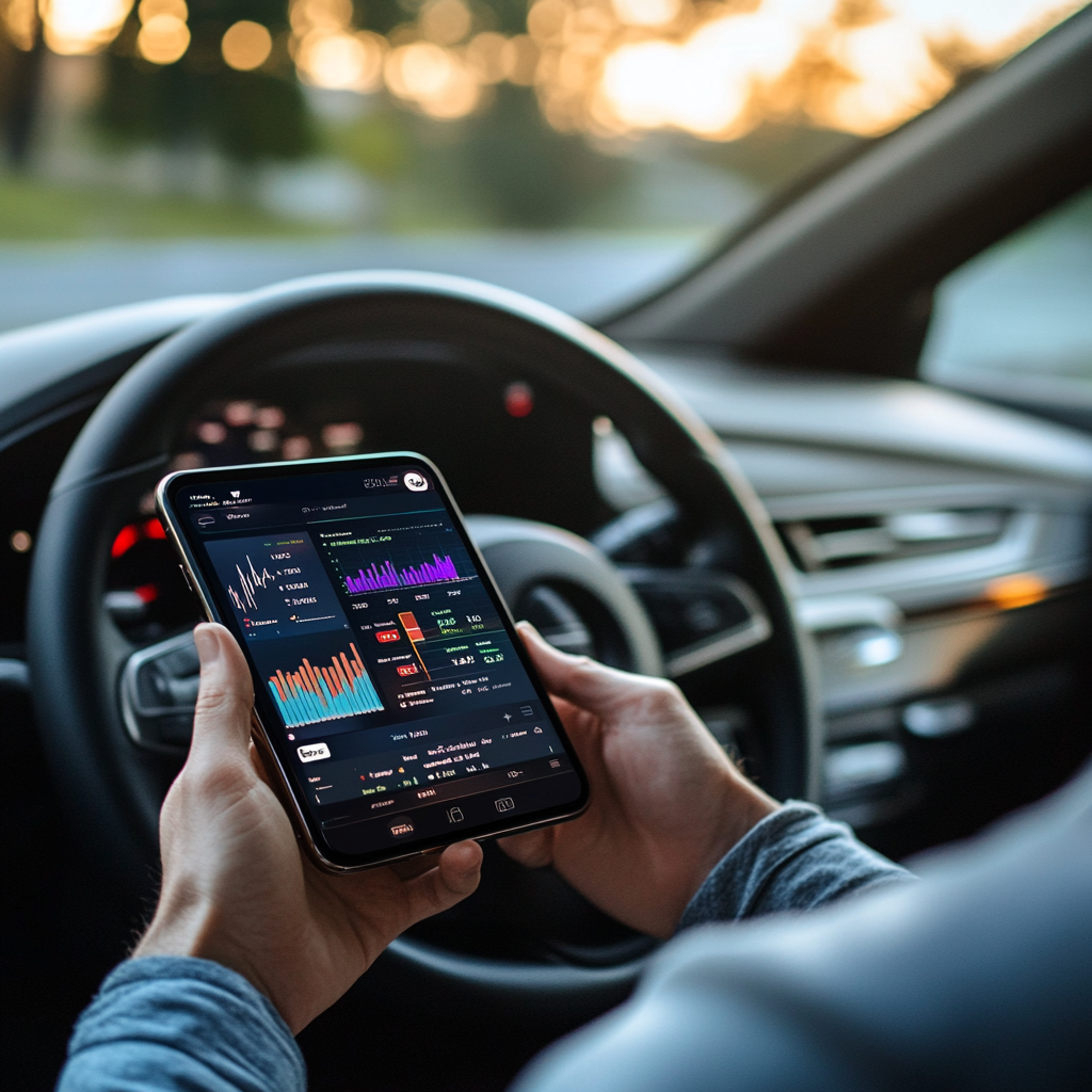 Person checking analytics while driving