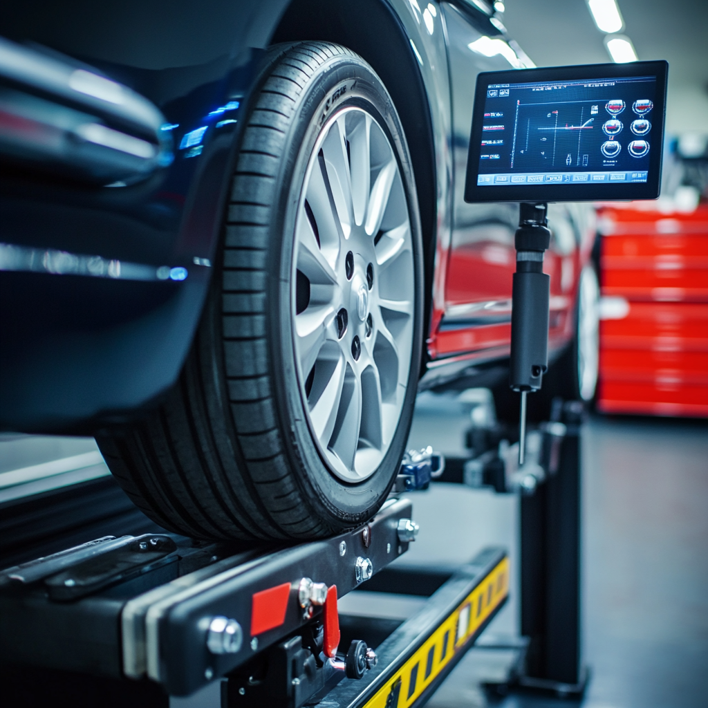 Car tire on alignment machine