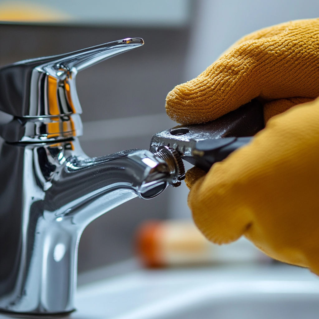 Plumber fixing faucet with wrench.