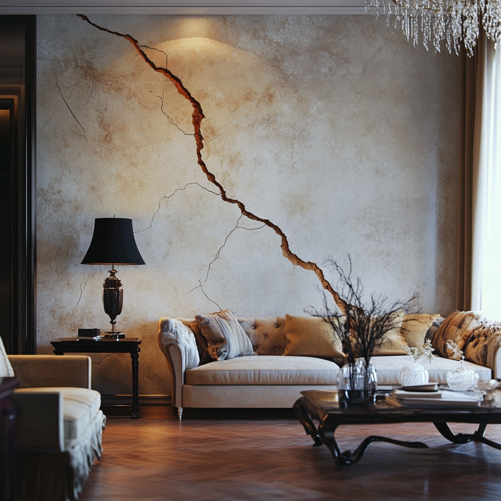 Cracked wall in elegant livingroom