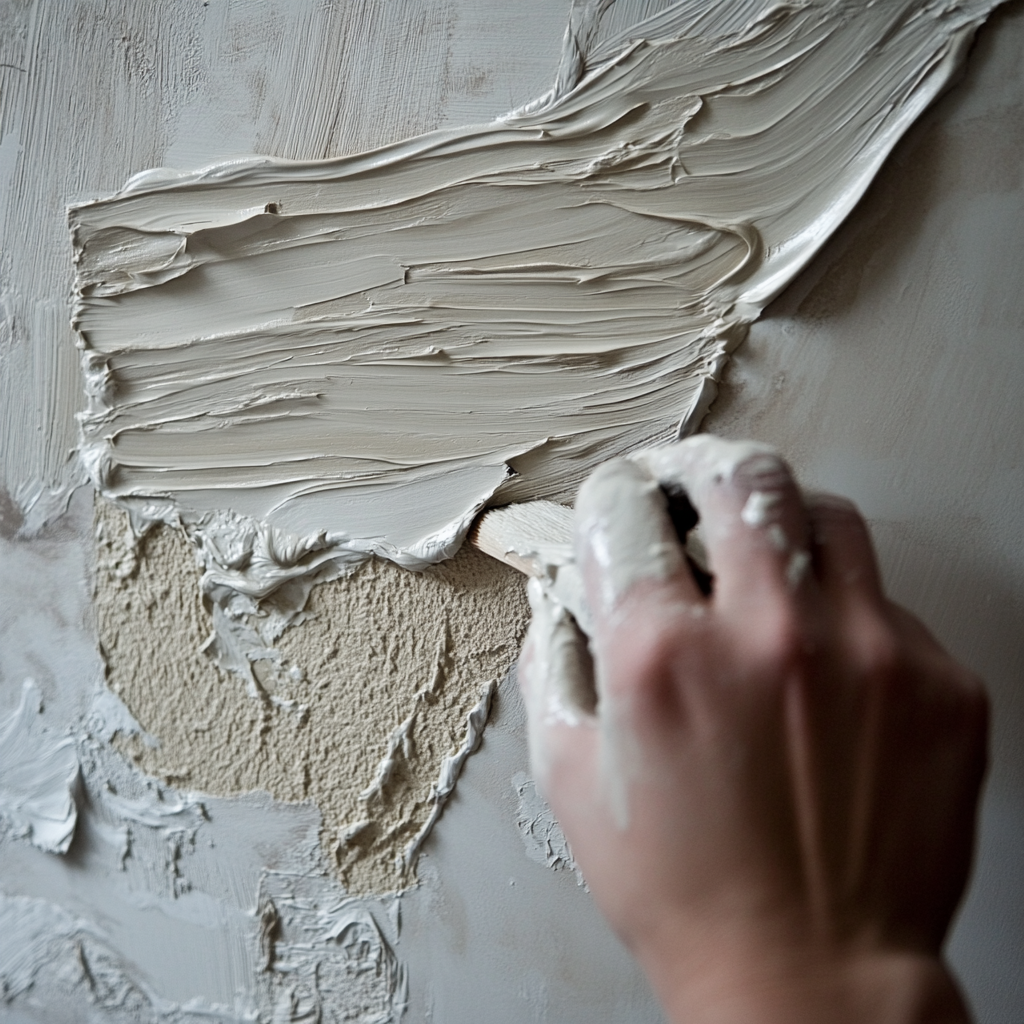 Hand smoothing plaster on wall