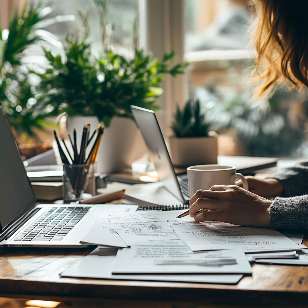 Cozy workspace with green plants