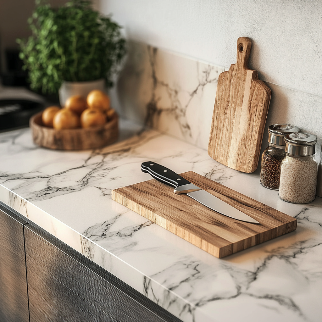 "Marble countertop with kitchen essentials"