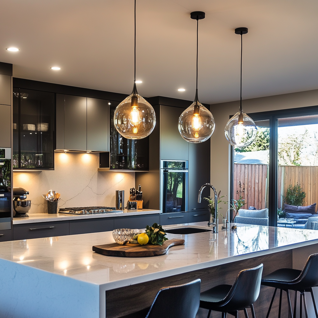 Modern kitchen with pendant lights