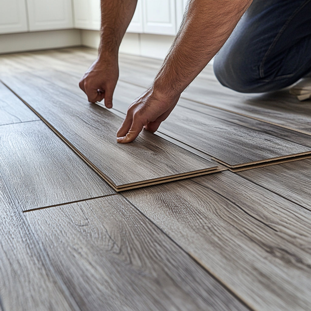 "Hands installing wood laminate flooring"