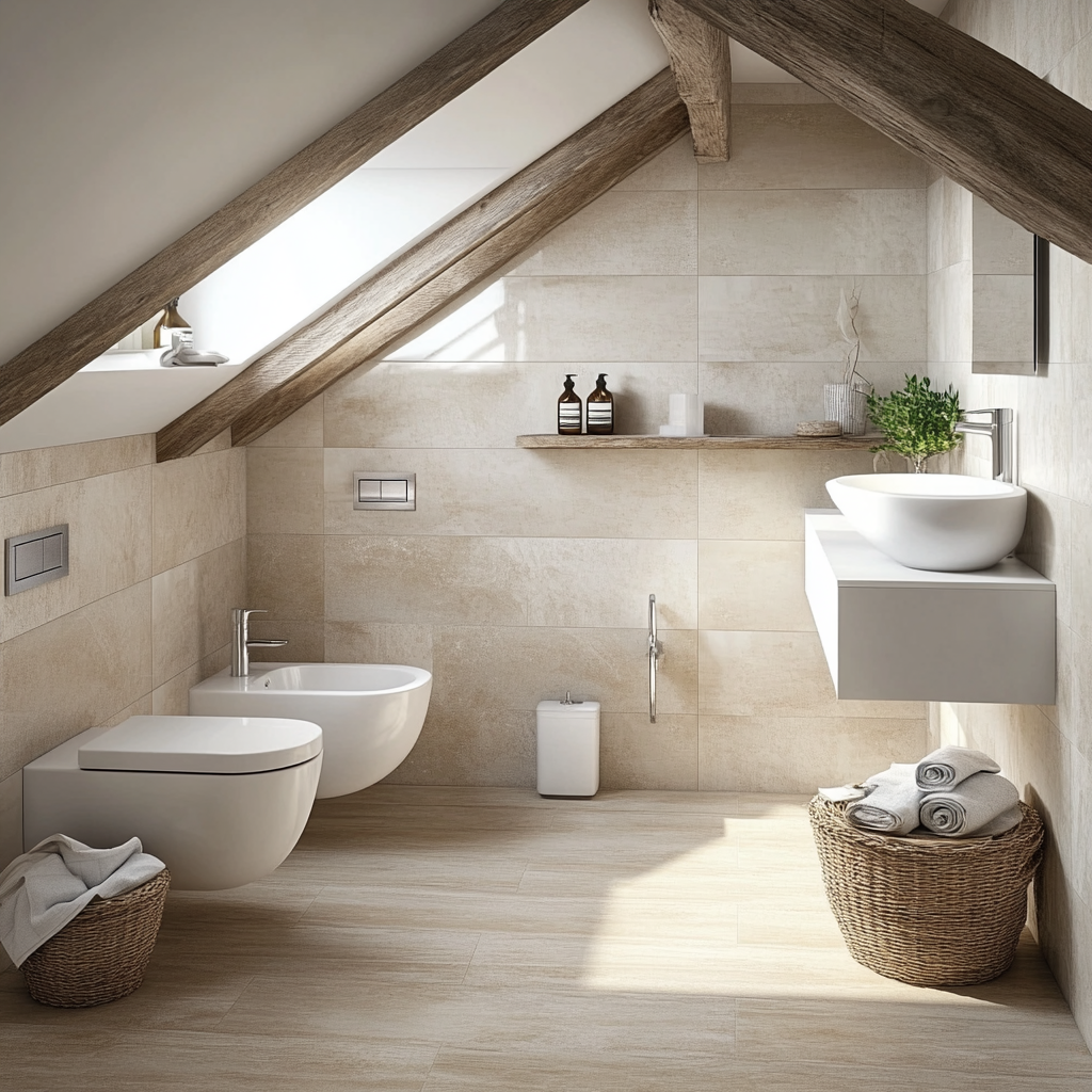 Rustic attic bathroom with skylight.