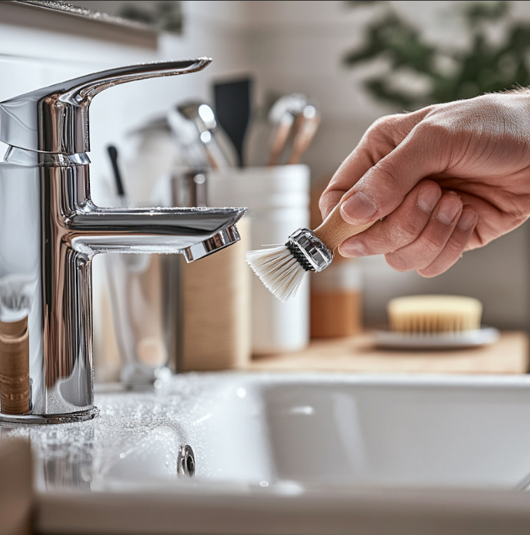 "Hand holding brush near faucet"