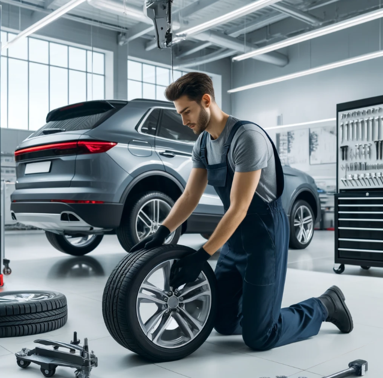 Mechanic replacing car tire efficiently"