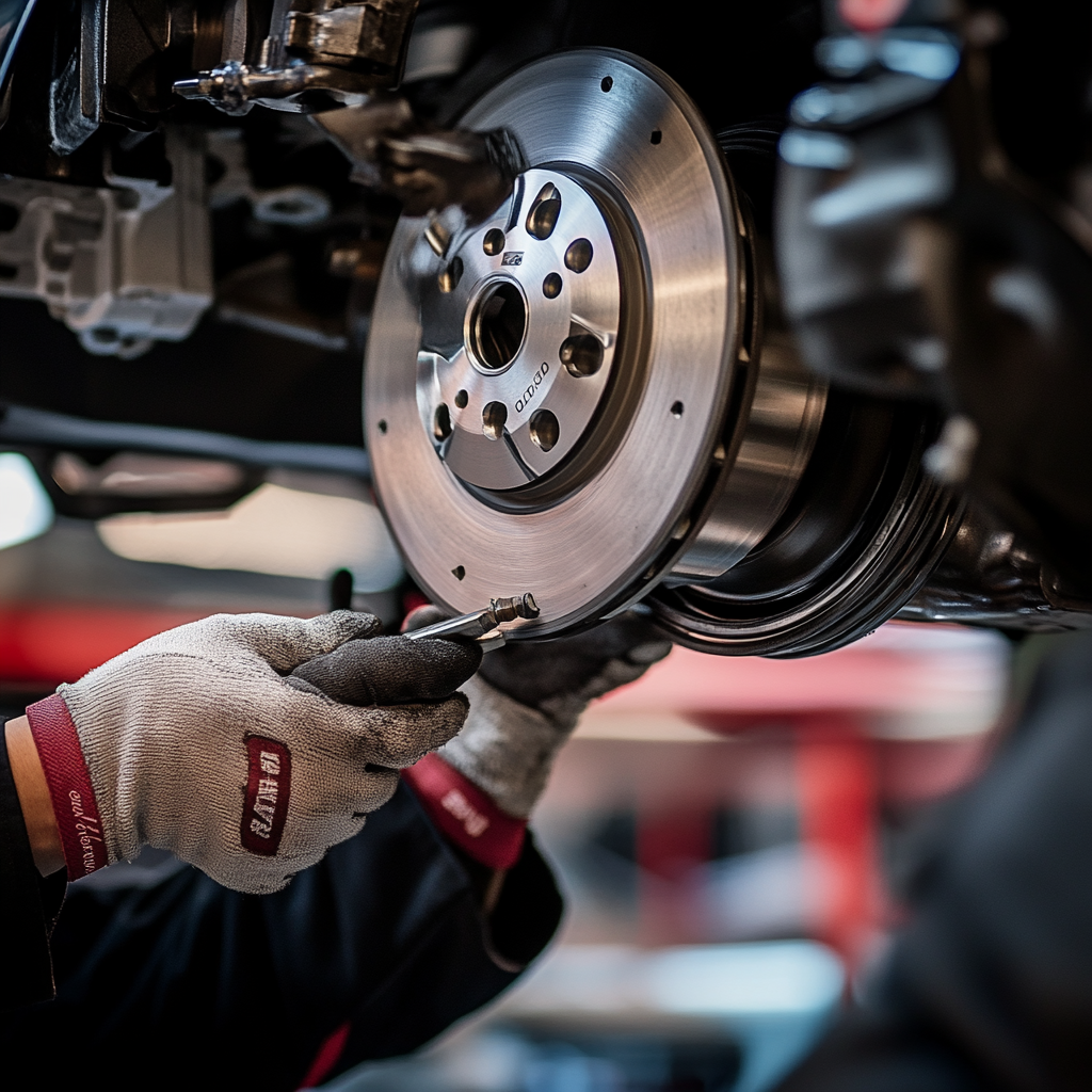 "Mechanic repairing car brakes"