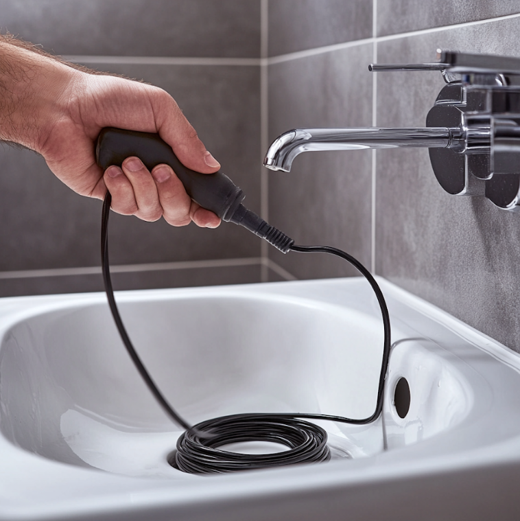 Hand using sink cleaning tool