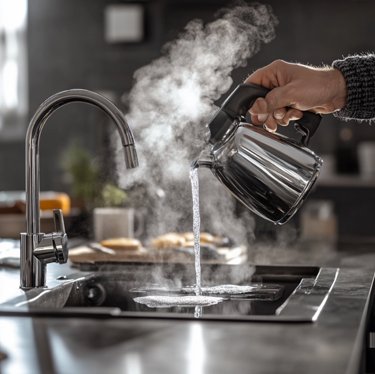 Pouring hot water into sink.