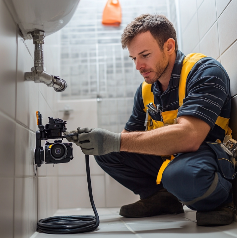 Plumber inspecting pipe with camera.