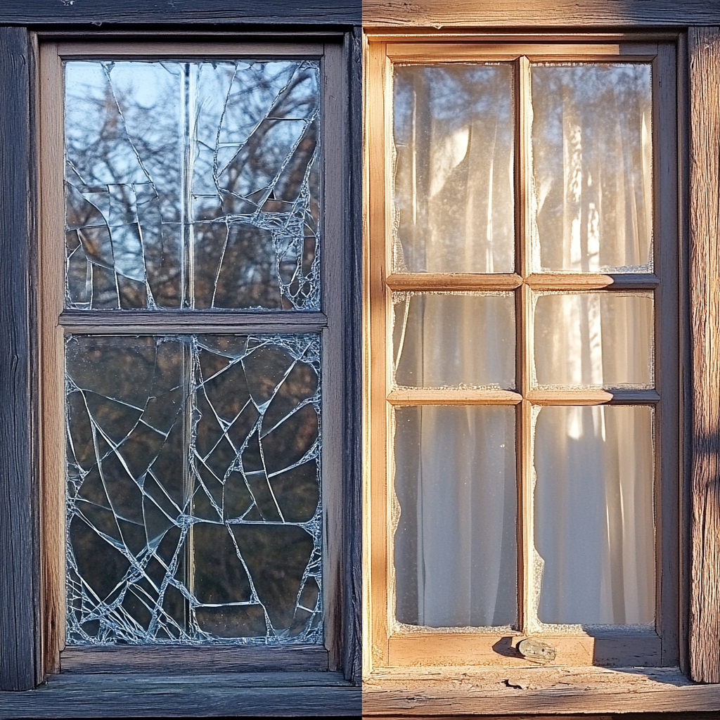Broken window repaired glass