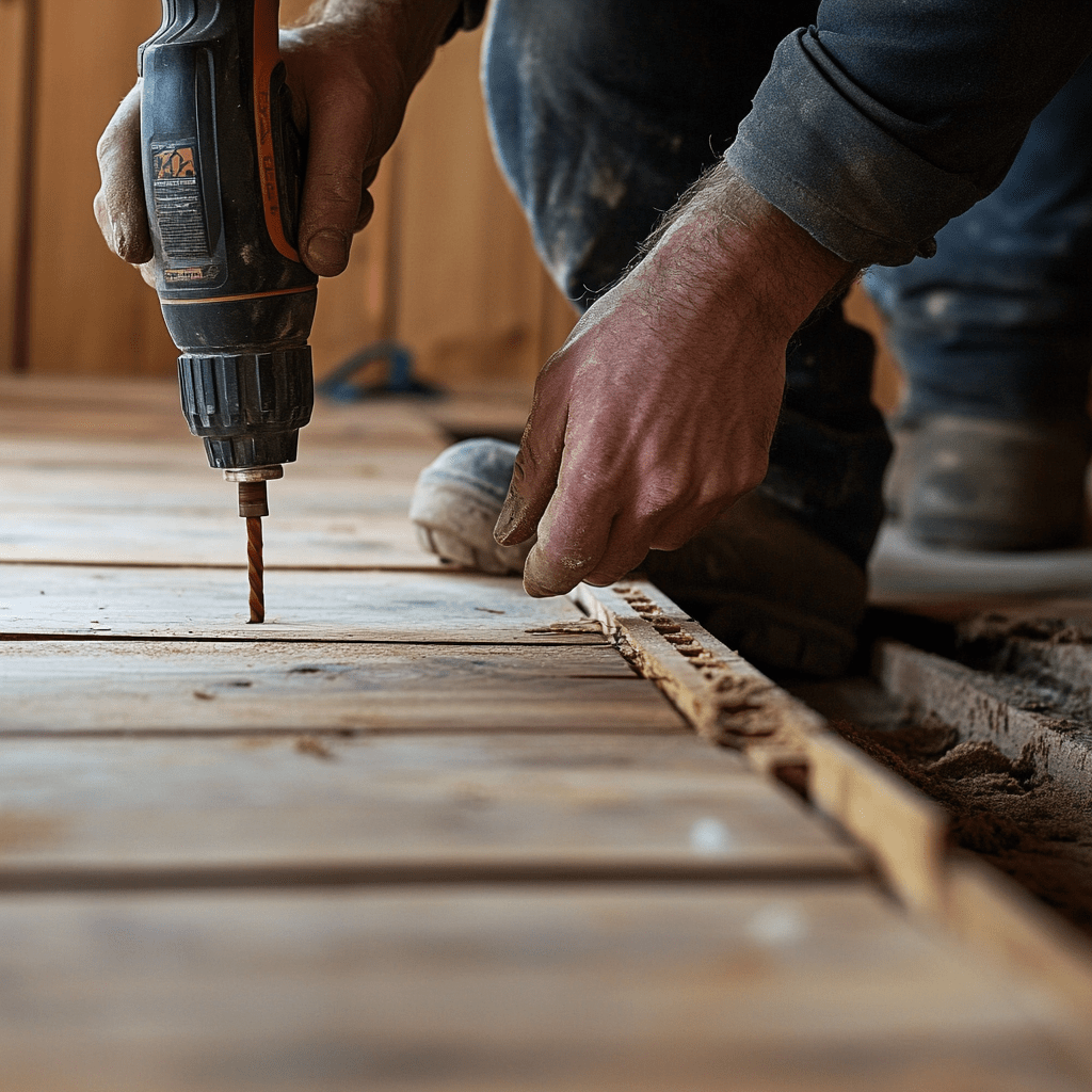 Person drilling wooden floor