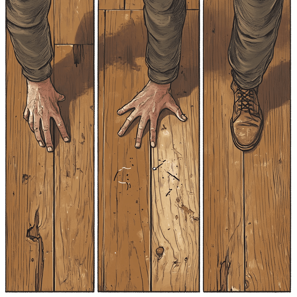 Hands inspecting wooden floor