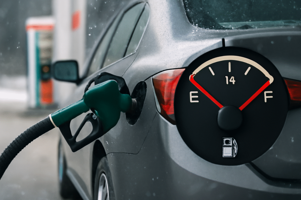 Car fueling in snowstorm