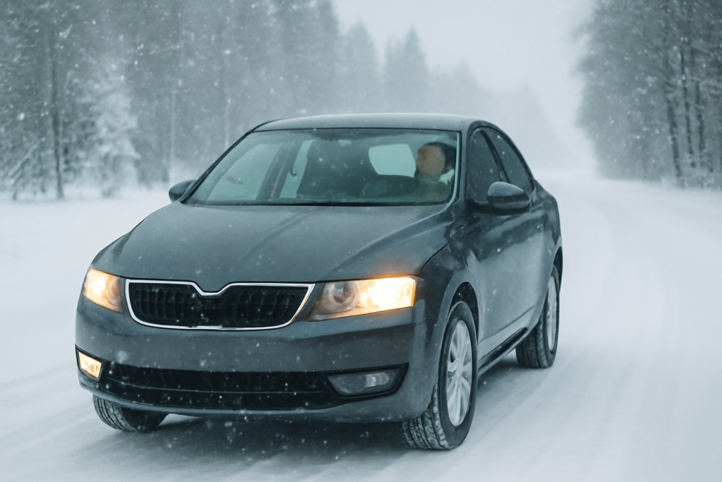 Car driving in snowstorm