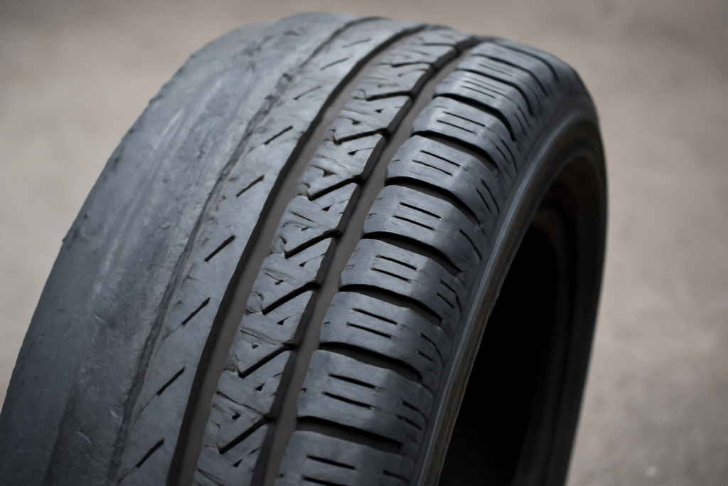 Worn car tire tread close-up