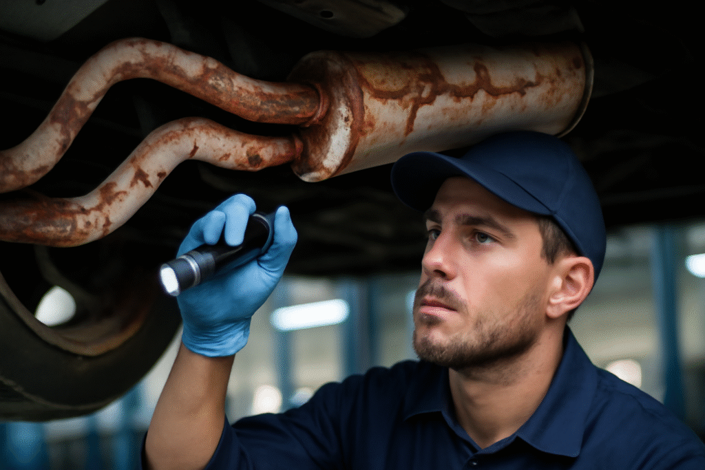 Mechanic inspecting car exhaust 