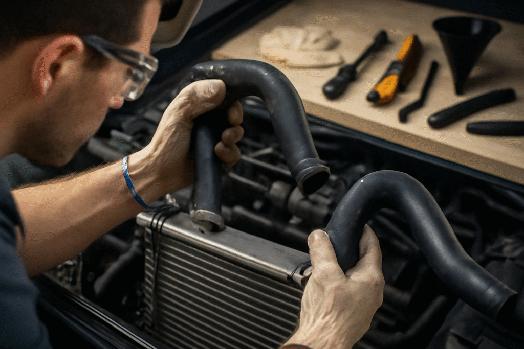 Mechanic replacing radiator hoses 
