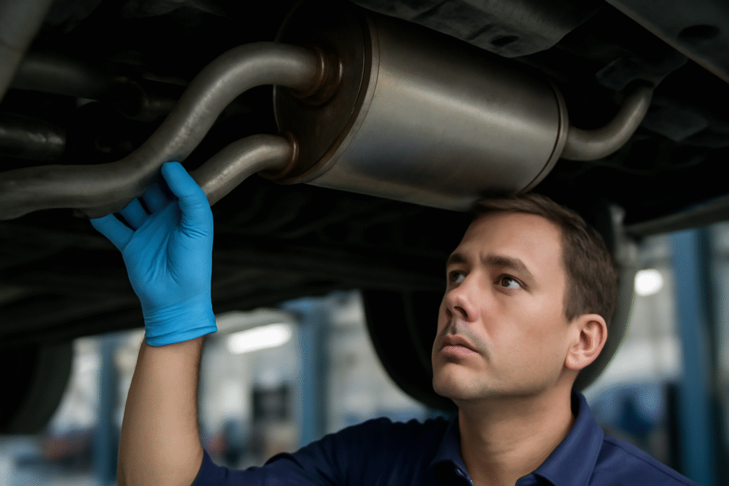 Mechanic examining car muffler 