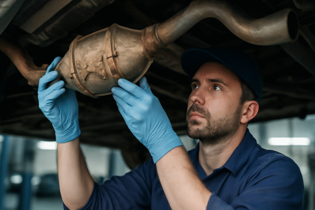Mechanic inspecting catalytic converter