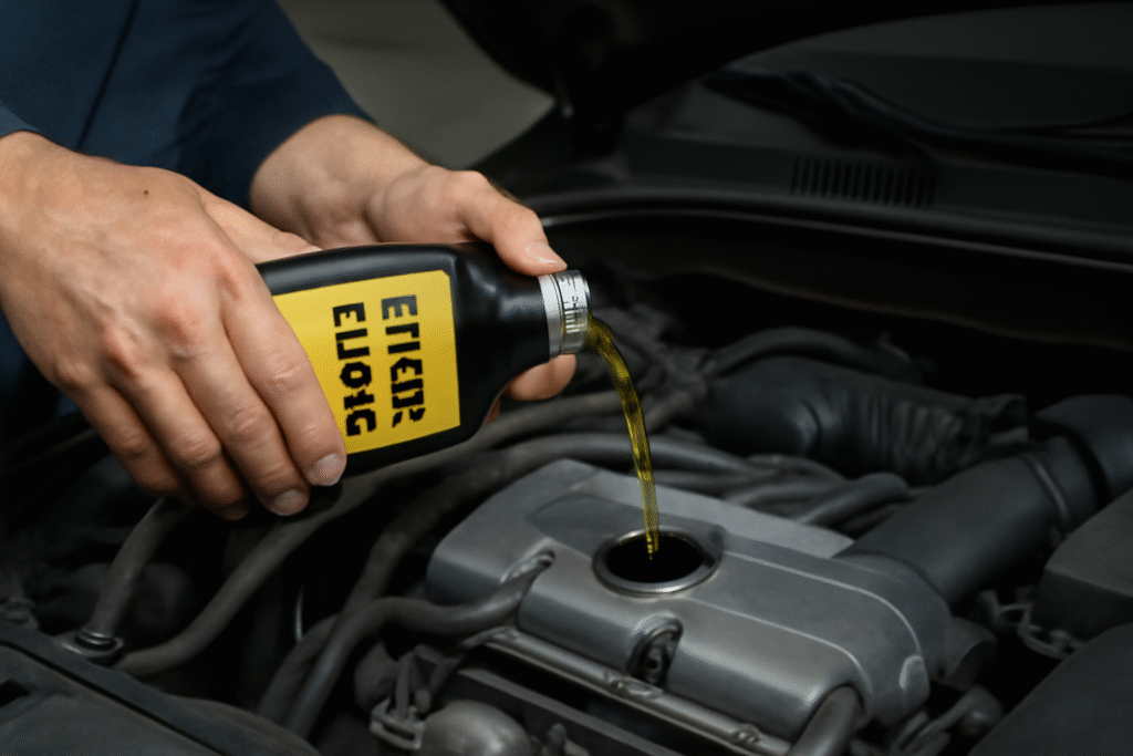 Man pouring engine oil