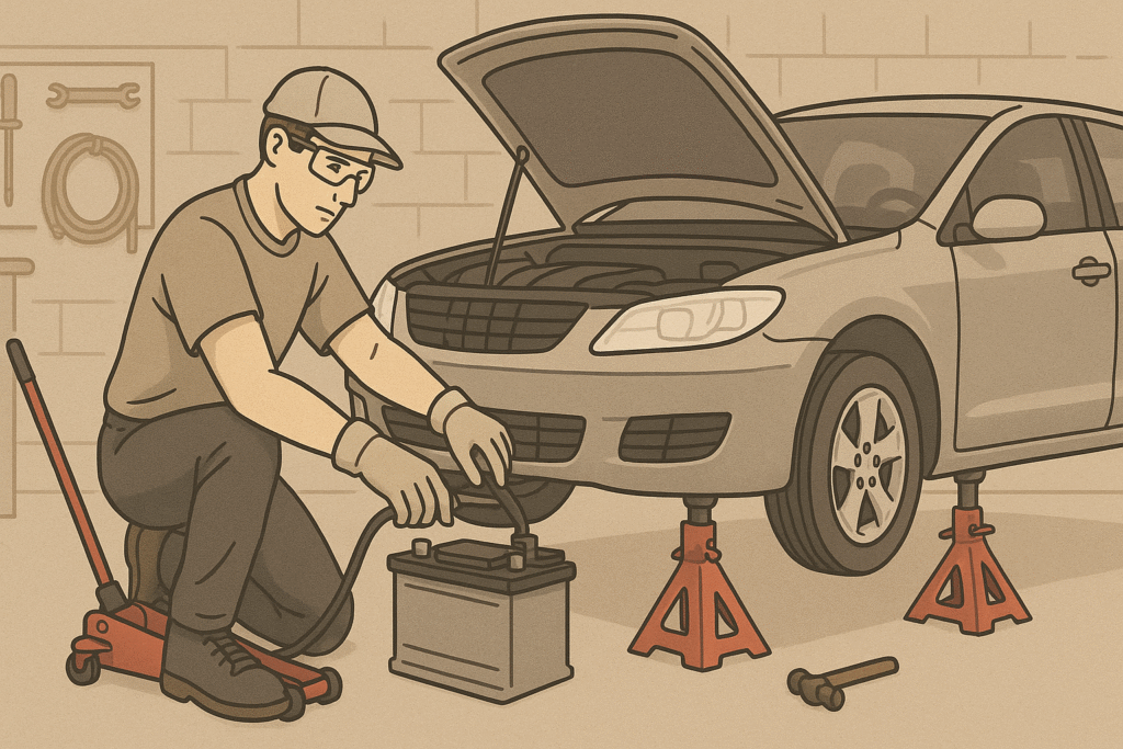 Mechanic repairing car battery