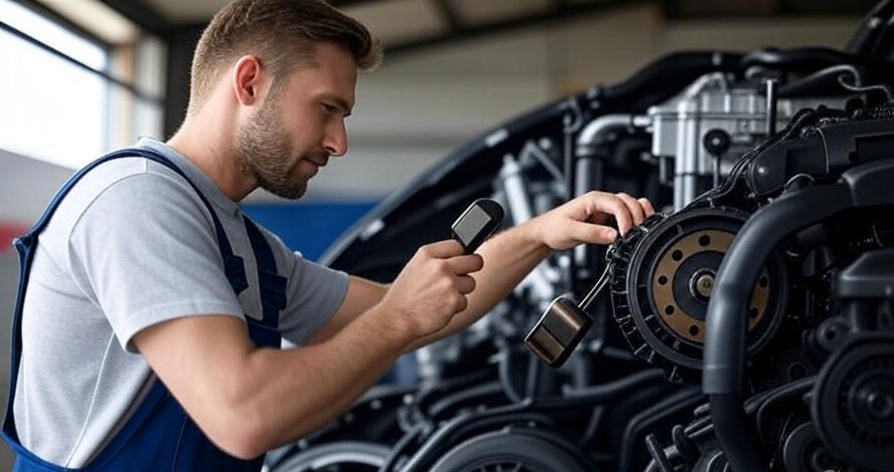 Mechanic inspecting car engine
