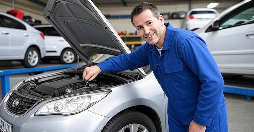 Happy mechanic repairing car