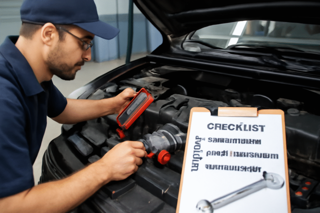 Mechanic checking car engine