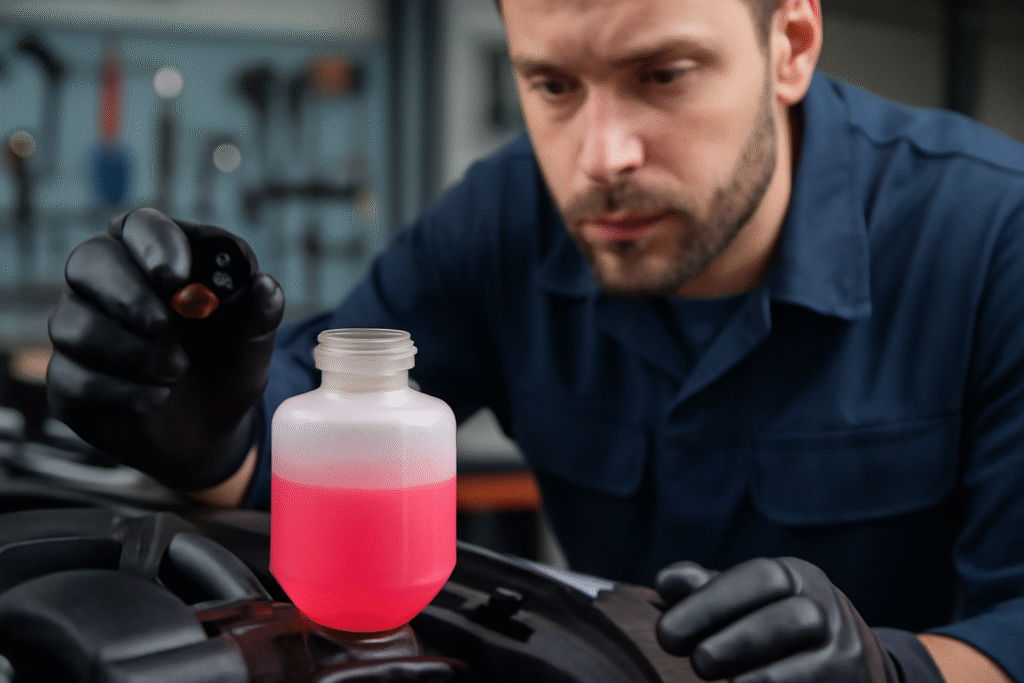 Mechanic adding pink coolant