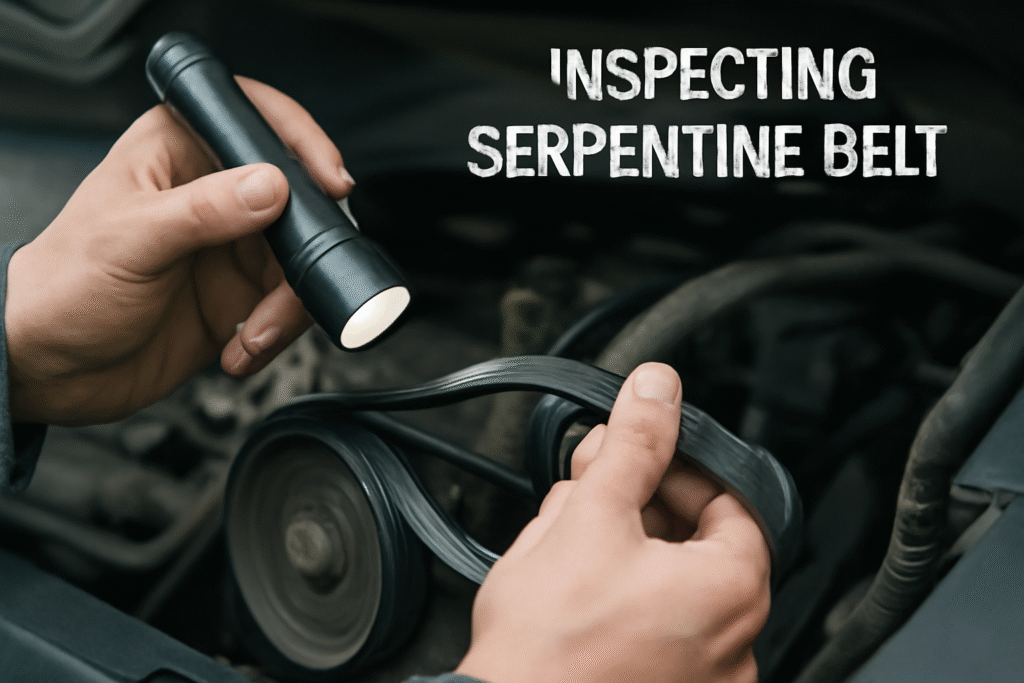 Inspecting serpentine belt with flashlight