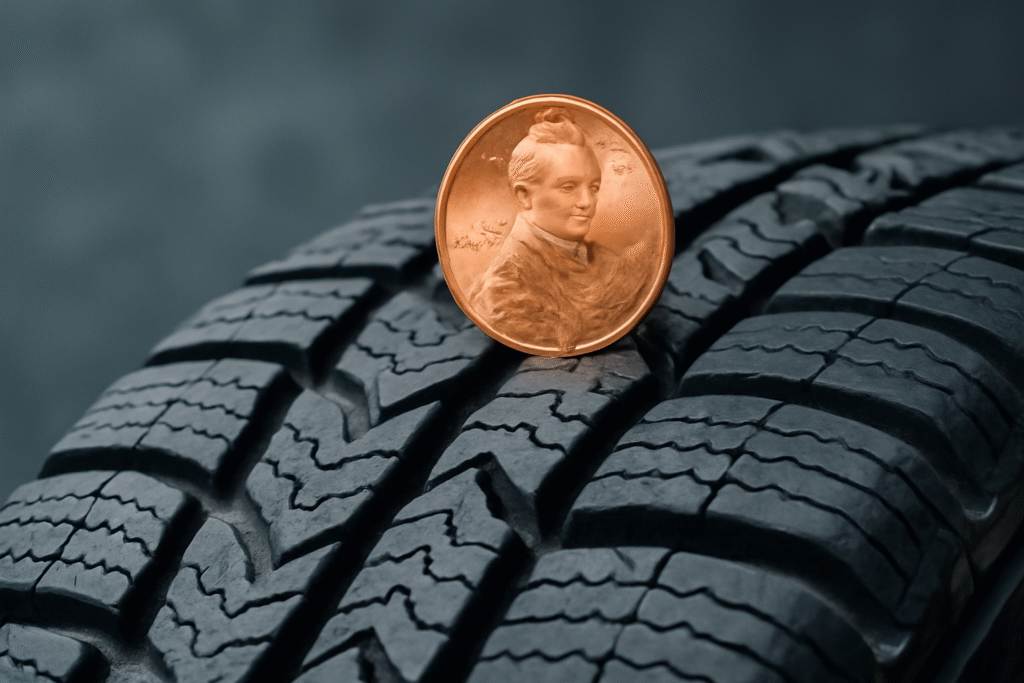 Penny checking tire tread
